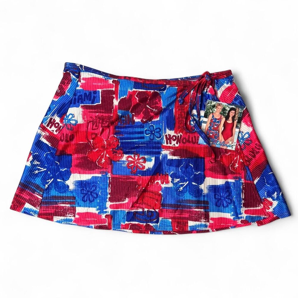 Y2K Catalina Red, Blue, and White Abstract Floral Swim Cover Up Mini Skirt